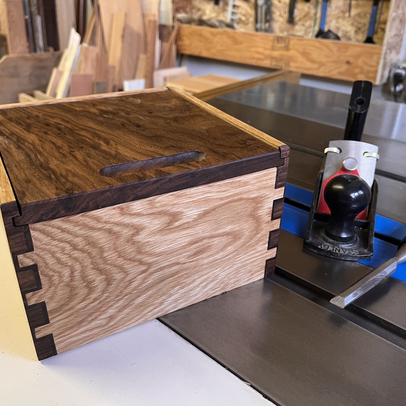 White Oak and Walnut double box-jointed box with sliding top